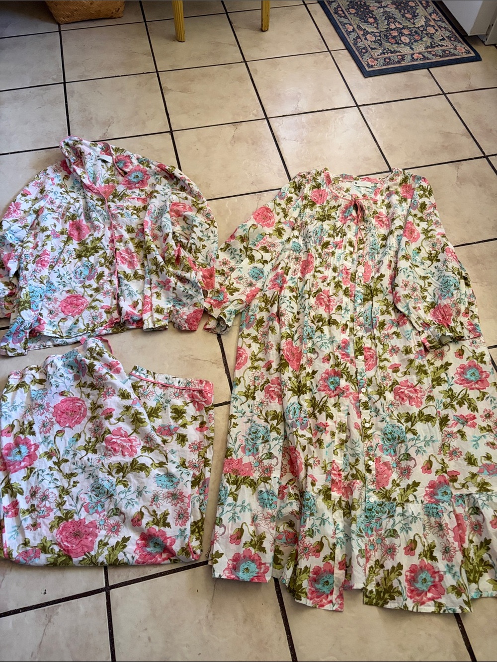 Floral Cotton Nightgown & Robe Set - Pink Floral on Cream 3pc
